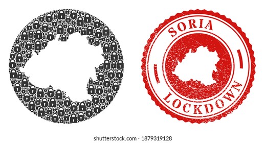 Vektor mosaic Soria Provinz Karte der Schlösser und grunge LOCKDOWN Siegel Stempel. Mosaik geographische Landkarte der Provinz Soria, die als geschnitzte Form aus runden Formen mit schwarzen Schlössern konstruiert wurde.