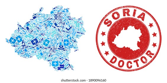 Vector mosaic Soria Province map with vaccination icons, analysis symbols, and grunge healthcare watermark. Red round watermark with scratched rubber texture and Soria Province map word and map.