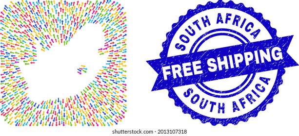 Vector mosaic South African Republic map of migration arrows and rubber Free Shipping stamp. Mosaic South African Republic map designed as carved shape from rounded square shape with direction arrows.