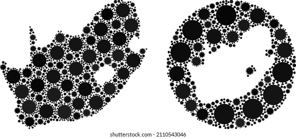 Vector mosaic South African Republic map of covid virus elements. Mosaic geographic South African Republic map constructed as carved shape from round shape with covid elements in black color hues.