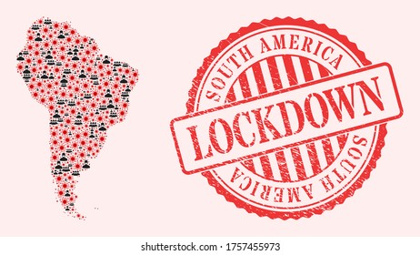 Mapa de mosaico vectorial de Sudamérica del virus del SARS, hombres enmascarados y sello de sellado de cierre de grunge rojo. Partículas de virus y hombres enmascarados dentro del mapa de Sudamérica.