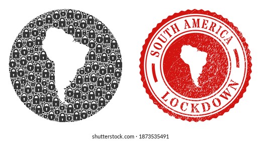 Vector mosaic South America map of locks and grunge LOCKDOWN seal stamp. Mosaic geographic South America map constructed as subtraction from round shape with black locks.