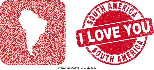 Vector mosaic South America map of love heart elements and grunge love seal stamp. Mosaic geographic South America map created as carved shape from rounded square shape with love hearts.