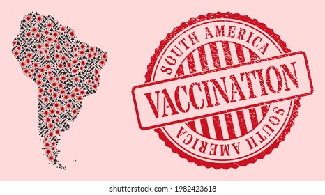 Vector mosaic South America map of flu virus, vaccination icons, and red grunge vaccination seal. Virus particles and dose particles inside South America map.