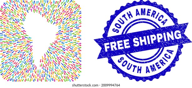Vector mosaic South America map of movement arrows and scratched Free Shipping seal stamp. Mosaic South America map designed as subtraction from rounded square with straight arrows.