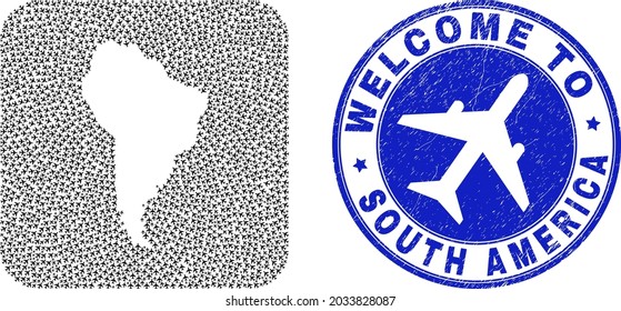 Vector mosaic South America map of air fly items and grunge Welcome seal stamp. Collage geographic South America map created as subtraction from rounded square shape with air planes.