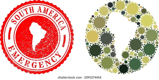 Vektor-Mosaik Südamerika Karte der Grippevirus-Elemente und Grunge-NOTFE-Badge.