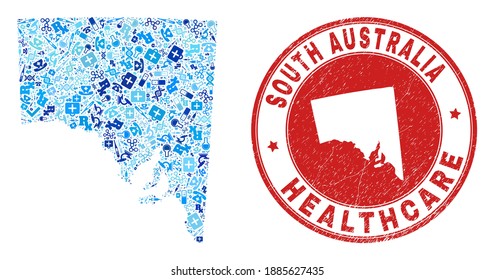 Vector mosaic South Australia map of injection icons, first aid symbols, and grunge healthcare imprint. Red round imprint with grunge rubber texture and South Australia map tag and map.
