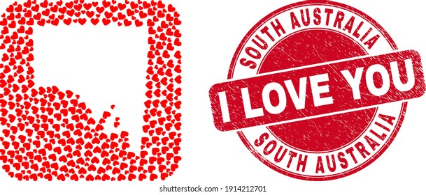 Mosaico vectorial del sur de Australia mapa de elementos del corazón de amor y estampado de amor granuja. Mapa geográfico mosaico del sur de Australia construido en forma tallada de cuadrado redondeado con corazones encantadores.