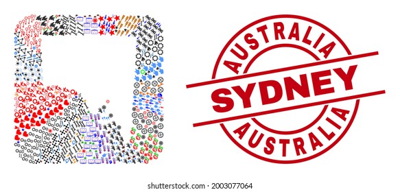 Vector mosaic South Australia map of different icons and Australia Sydney seal stamp. Mosaic South Australia map created as subtraction from rounded square.