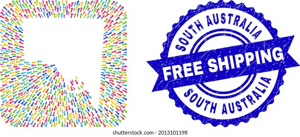 Vector mosaic South Australia map of navigation arrows and grunge Free Shipping seal stamp. Mosaic South Australia map constructed as hole from rounded square shape with motion arrows.