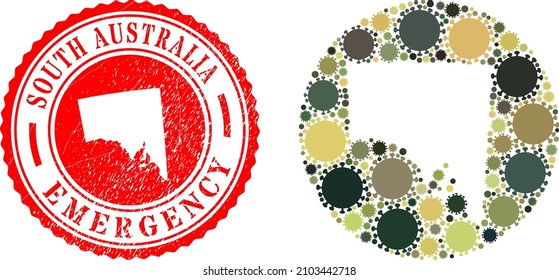 Vector mosaic South Australia map of flu virus icons and grunge EMERGENCY seal. Mosaic geographic South Australia map created as hole from circle with covid-2019 icons in khaki army color hues.