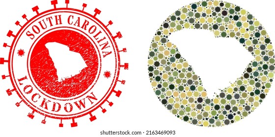 Vector mosaic South Carolina State map of covid infection items and grunge LOCKDOWN seal.