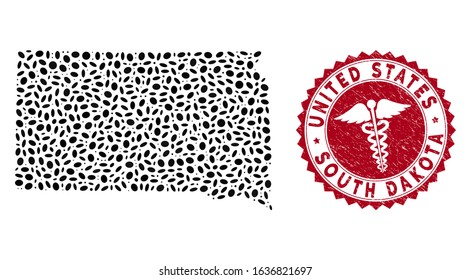 Vector mosaic South Dakota State map and red round rubber stamp watermark with health care icon. South Dakota State map collage designed with elliptic elements. Red round health care seal stamp,