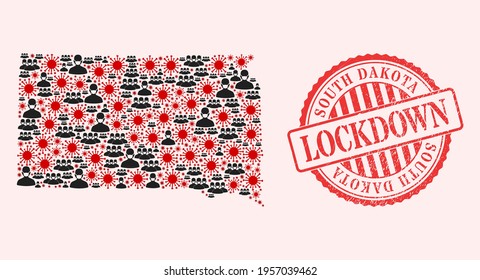 Vector mosaic South Dakota State map of corona virus, masked people and red grunge lockdown stamp. Virus cells and people in masks inside South Dakota State map.