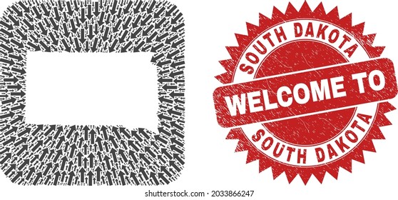 Vector mosaic South Dakota State map of straight arrows and rubber Welcome stamp. Mosaic geographic South Dakota State map constructed as carved shape from rounded square shape with pointer arrows.
