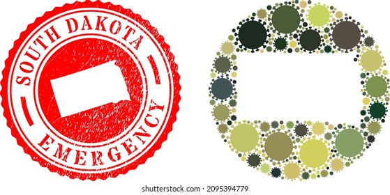 Vector mosaic South Dakota State map of flu virus icons and grunge EMERGENCY seal.