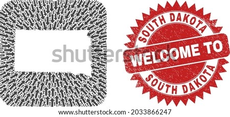 Vector mosaic South Dakota State map of straight arrows and rubber Welcome stamp. Mosaic geographic South Dakota State map constructed as carved shape from rounded square shape with pointer arrows.