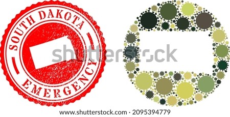 Vector mosaic South Dakota State map of flu virus icons and grunge EMERGENCY seal.