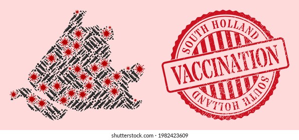 Vector mosaic South Holland map of flu virus, vaccination icons, and red grunge vaccination stamp. Virus elements and inoculation needles inside South Holland map.