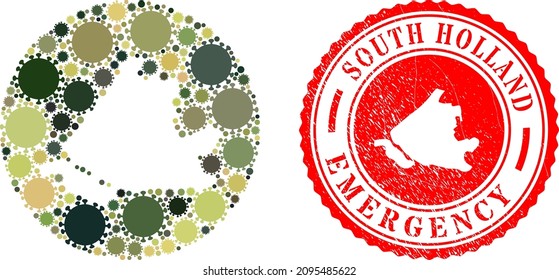 Mapa de mosaico vectorial en Holanda del Sur de iconos del virus de la gripe y placa de EMERGENCIA gruesa.