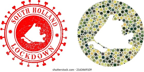 Vector mosaic South Holland map of flu virus elements and grunge LOCKDOWN stamp. Mosaic geographic South Holland map created as hole from round shape with virus icons in camouflage military colors.