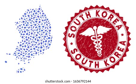 Vector mosaic South Korea map and red round grunge stamp watermark with healthcare icon. South Korea map collage constructed with oval spots. Red round healthcare watermark, with grunge texture.