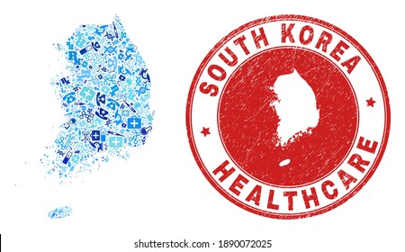 Vector mosaic South Korea map with healthcare icons, medicine symbols, and grunge health care stamp. Red round stamp with scratched rubber texture and South Korea map caption and map.