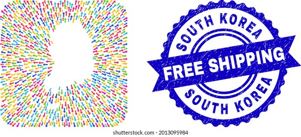 Vector mosaic South Korea map of navigation arrows and grunge Free Shipping seal stamp. Mosaic South Korea map created as carved shape from rounded square shape with emigration arrows.