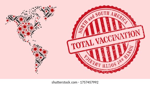 Vector mosaic South and North America map of covid-2019 virus, vaccine icons, and red grunge vaccine seal stamp. Virus particles and injection particles inside South and North America map.