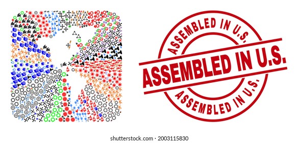 Vector mosaic South and North America map of different icons and Assembled in U.S. seal stamp. Mosaic South and North America map designed as stencil from rounded square shape.