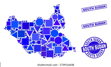 Vector mosaic South Sudan map. Geographic plan in blue color tints, and dirty round and rectangle stamps. Abstract mosaic of South Sudan map organized of spheric, tringle, square geometric elements.