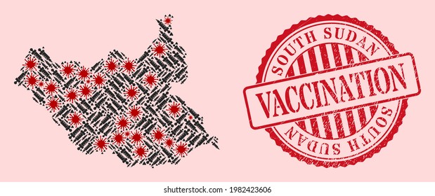 Vector mosaic South Sudan map of flu virus, vaccination icons, and red grunge vaccination seal stamp. Virus elements and vaccination particles inside South Sudan map.