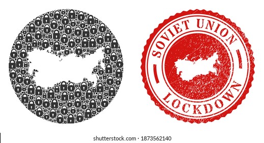 Vector mosaic Soviet Union map of locks and grunge LOCKDOWN stamp. Mosaic geographic Soviet Union map designed as carved shape from round shape with black locks.