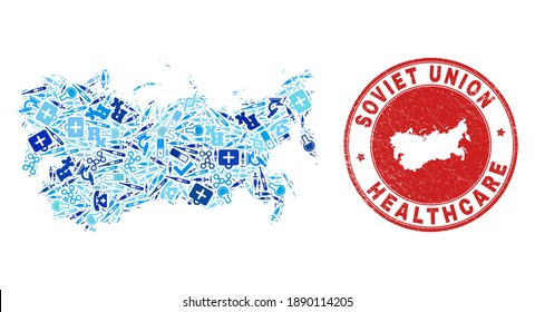 Vector mosaic Soviet Union map with injection icons, chemical symbols, and grunge doctor seal stamp. Red round stamp with grunge rubber texture and Soviet Union map tag and map.