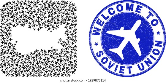 Vector mosaic Soviet Union map of air plane elements and grunge Welcome seal stamp. Collage geographic Soviet Union map created as carved shape from rounded square shape with aviation.