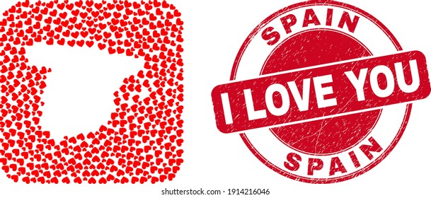 Mapa de mosaico vectorial de España de elementos del corazón del amor y sello de sello de la foca del amor grunge. Mapa de España geográfico de collage diseñado como sustracción de cuadrado redondeado con corazones de amor.