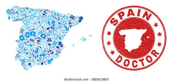 Vector mosaic Spain map with vaccine icons, receipt symbols, and grunge doctor rubber imitation. Red round stamp with distress rubber texture and Spain map word and map.