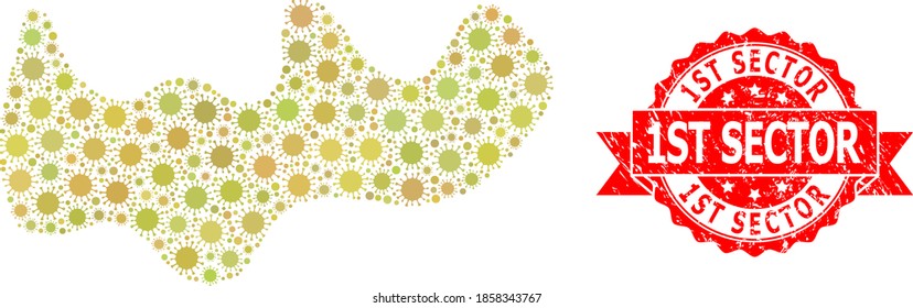 Vector mosaic spot of flu virus, and 1St Sector grunge ribbon seal print. Virus particles inside spot composition. Red seal contains 1St Sector title inside ribbon.