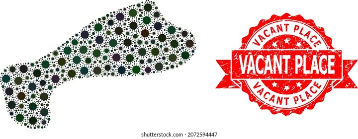 Vector mosaic spot of flu virus, and Vacant Place grunge ribbon seal imitation. Virus elements inside spot mosaic. Red seal contains Vacant Place text inside ribbon.