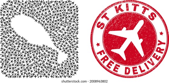 Vector mosaic St Kitts Island map of aviation elements and grunge Free Delivery seal.