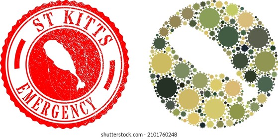 Vector mosaic St Kitts Island map of flu virus elements and grunge EMERGENCY seal stamp.