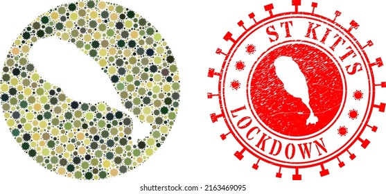 Mosaico vectorial de la isla de San Cristóbal mapa de elementos del virus sars y estampado LOCKDOWN.