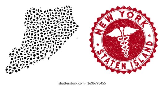 Vector mosaic Staten Island map and red round corroded stamp seal with medical icon. Staten Island map collage formed with elliptic spots. Red round medical seal, with unclean texture.