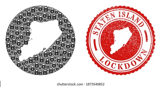 Vector mosaic Staten Island map of locks and grunge LOCKDOWN seal stamp. Mosaic geographic Staten Island map created as stencil from circle with black locks.