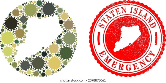 Vector mosaic Staten Island map of flu virus elements and grunge EMERGENCY seal stamp.