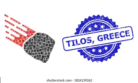 Vector mosaic stone meteorite, and Tilos, Greece grunge rosette stamp seal. Blue stamp seal contains Tilos, Greece tag inside rosette.