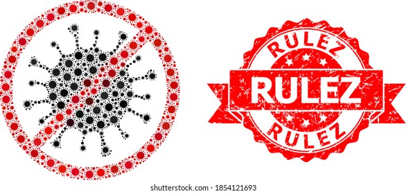 Vector mosaic stop microbe of SARS virus, and Rulez textured ribbon seal. Virus particles inside stop microbe mosaic. Red seal has Rulez caption inside ribbon.