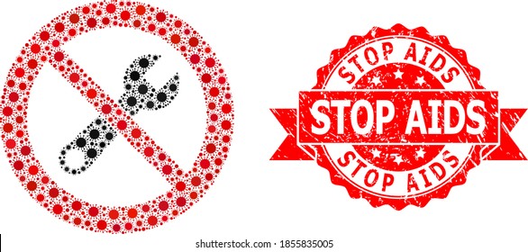 Vector mosaic stop repair of corona virus, and Stop AIDS unclean ribbon stamp seal. Virus elements inside stop repair mosaic. Red seal contains Stop AIDS title inside ribbon.