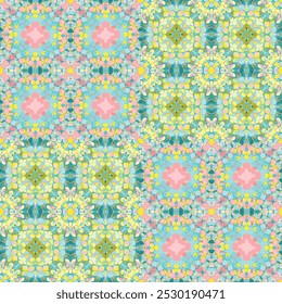 A vector mosaic style background pattern featuring soft pastel hues of pink, blue, and yellow. Ideal for children's textiles, home decor, or stationery, offering a vibrant, playful touch of spring